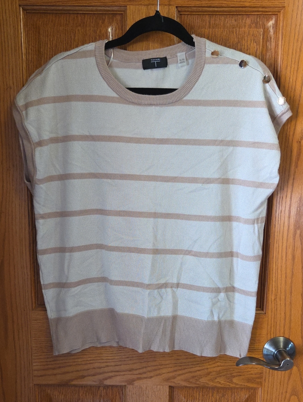 Talbots Cream and Beige Striped Short-Sleeve Sweater with Button Detail